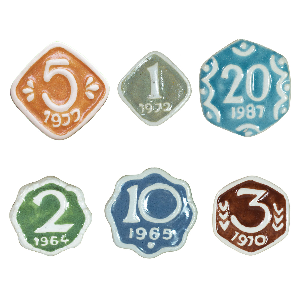 Set of 6 Ceramic Vintage Handmade Coins - Fridge Magnet