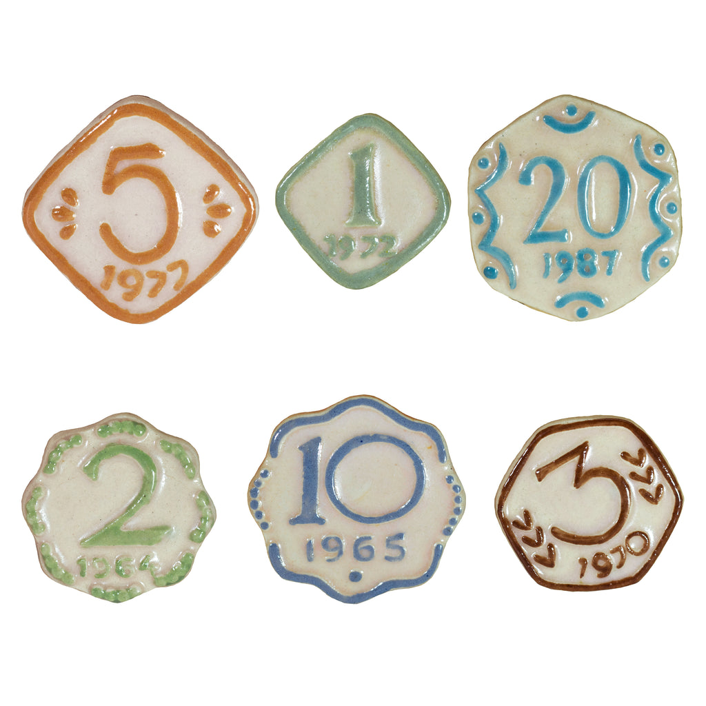 Set of 6 Ceramic Vintage Handmade Coins - Fridge Magnets