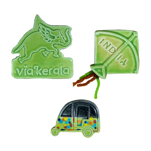 Set of 3 Ceramic Fridge Magnets - Auto, Kite, Flying Elephant