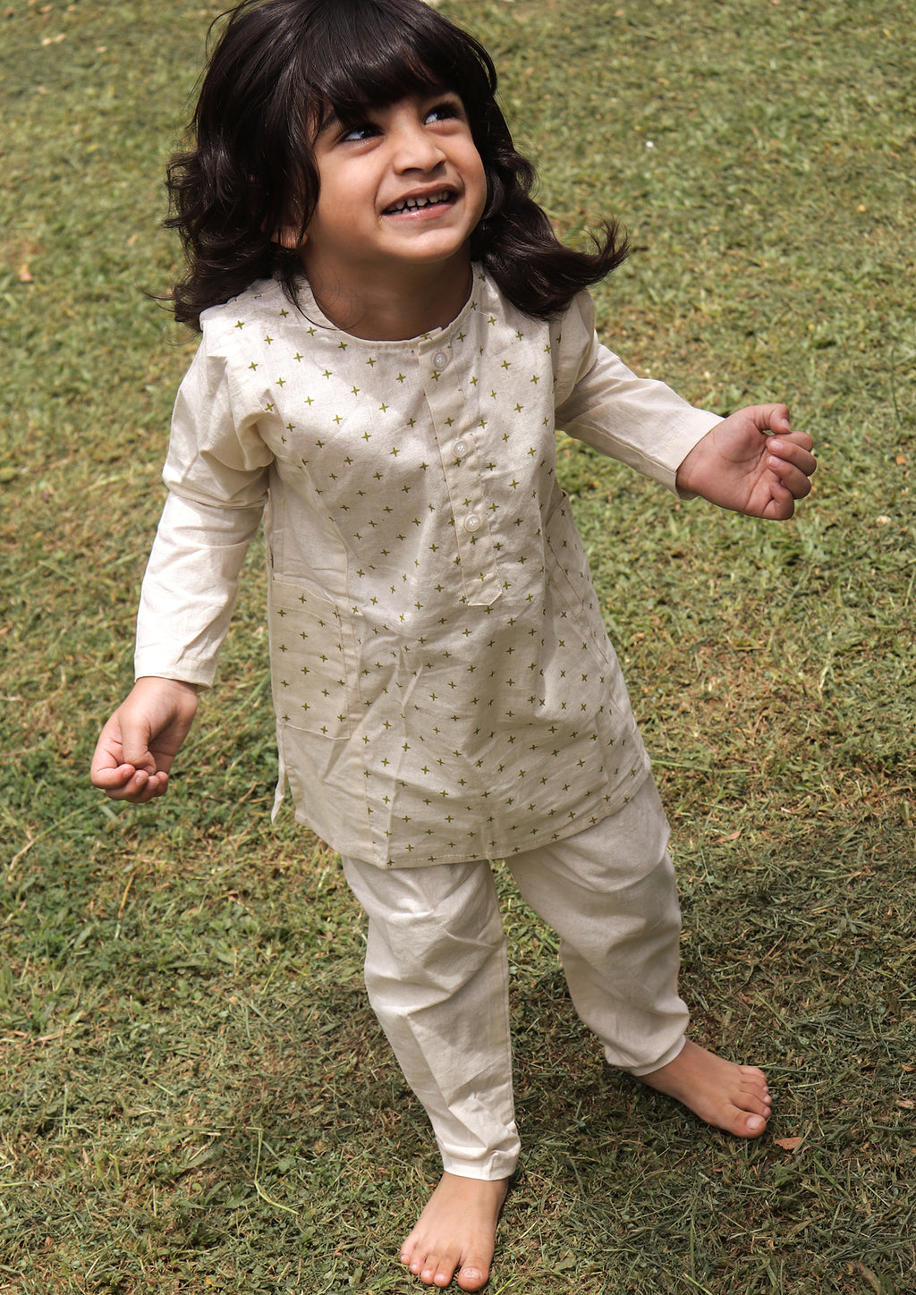 Festive Kerala Kalidar Kurta - Unisex Happy Hatch Print in Orange and green