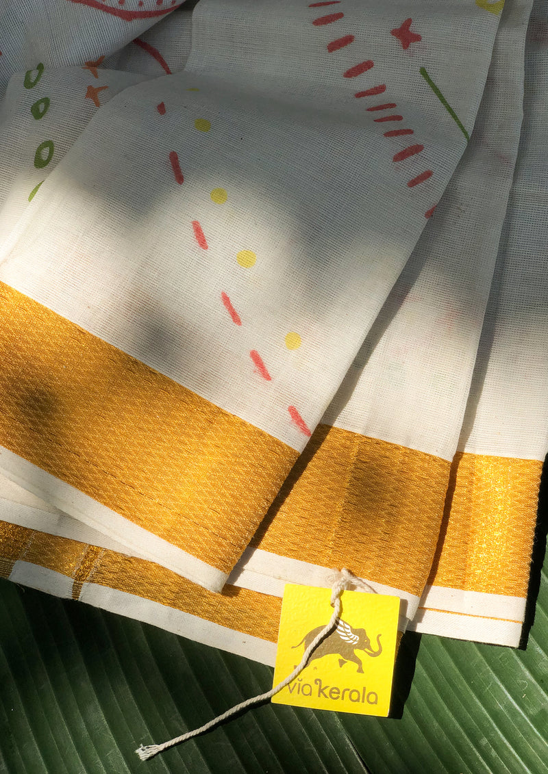 Kadakali Screen Printed Thorthu with Kasavu Kara