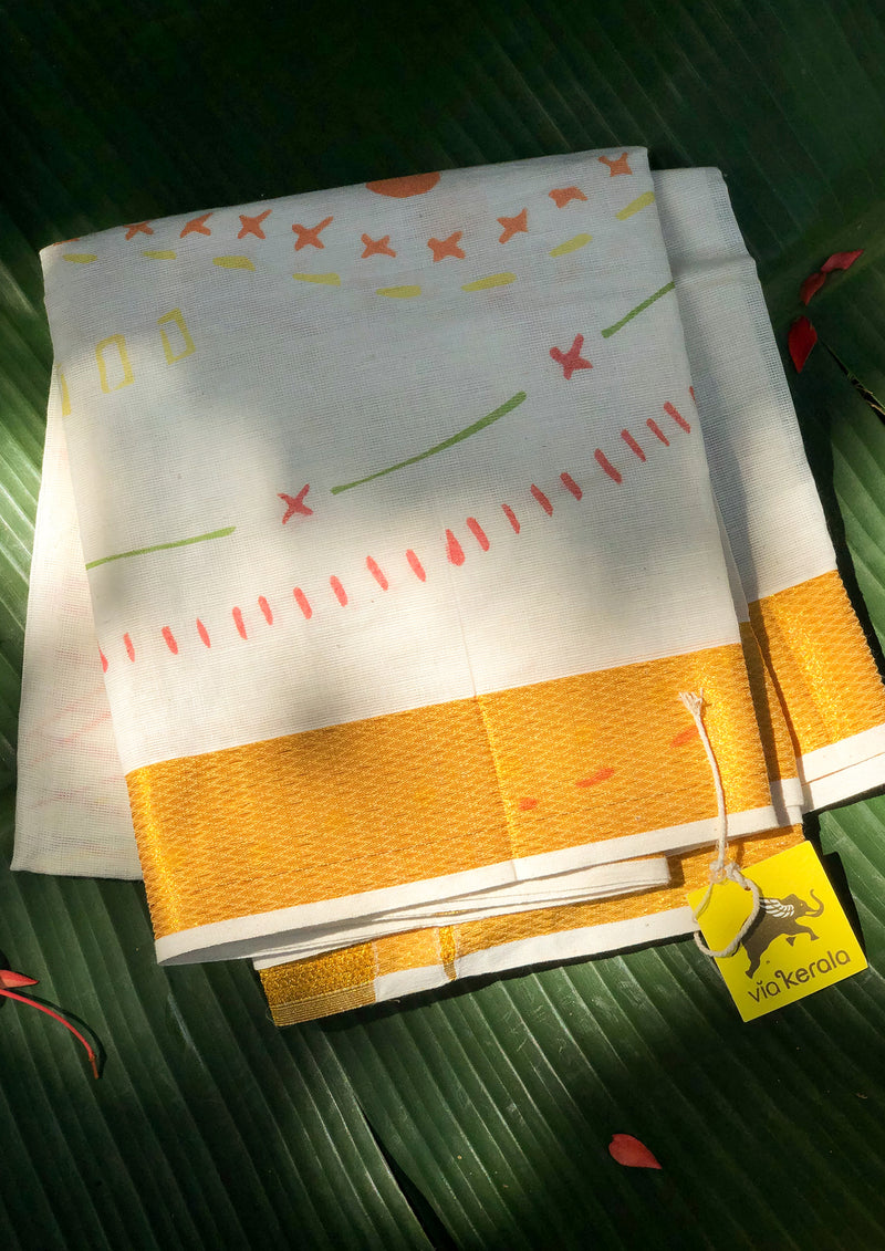 Kadakali Screen Printed Thorthu with Kasavu Kara
