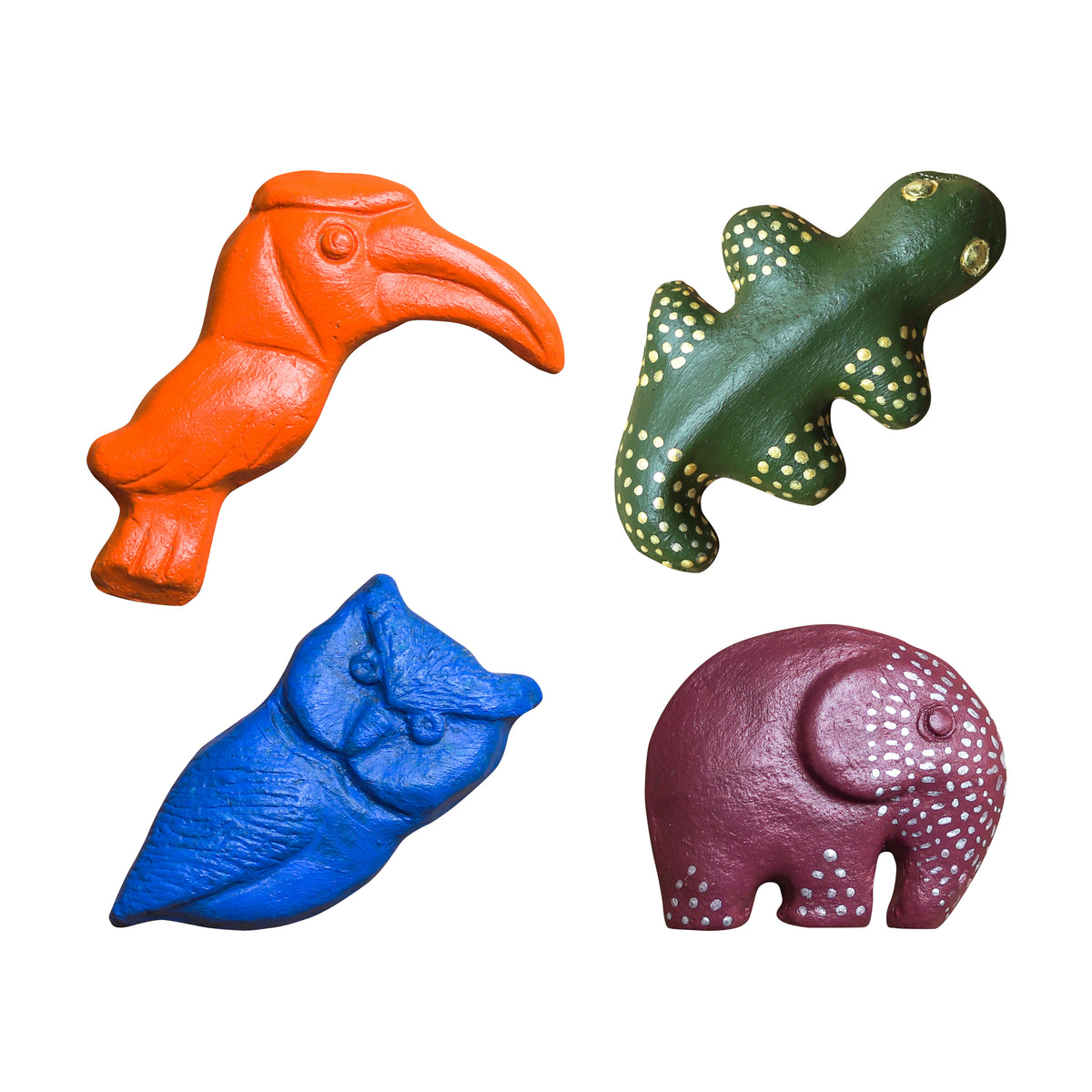 Combination of 4 - Terracotta Fridge Magnet - Elephant, Lizard, Owl, Hornbill